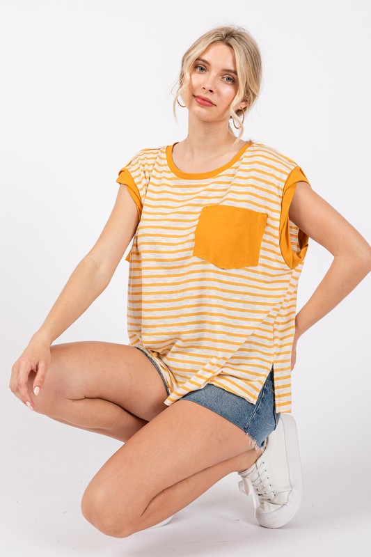 Contrast Striped Knit Twisted Sleeve Top