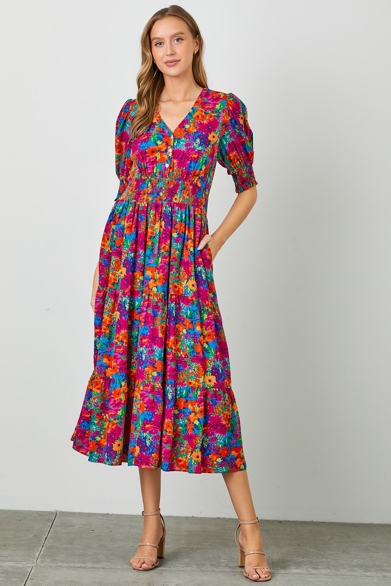 Floral print button bodice tiered midi dress