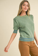 Load image into Gallery viewer, STRIPED POINTELLE PUFF SLEEVE SWEATER
