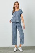 Load image into Gallery viewer, PAISLEY DENIM BUTTON DOWN PUFF SLEEVE TOP (part of a set)
