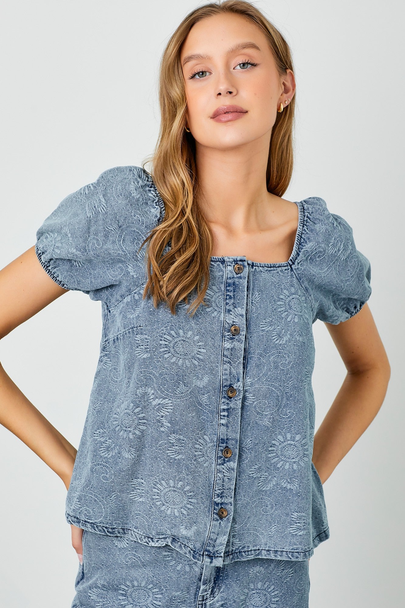 PAISLEY DENIM BUTTON DOWN PUFF SLEEVE TOP (part of a set)