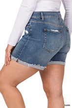 Load image into Gallery viewer, PLUS DISTRESSED CUFFED RAW HEM DENIM SHORTS
