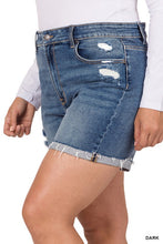 Load image into Gallery viewer, PLUS DISTRESSED CUFFED RAW HEM DENIM SHORTS
