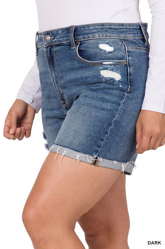 PLUS DISTRESSED CUFFED RAW HEM DENIM SHORTS