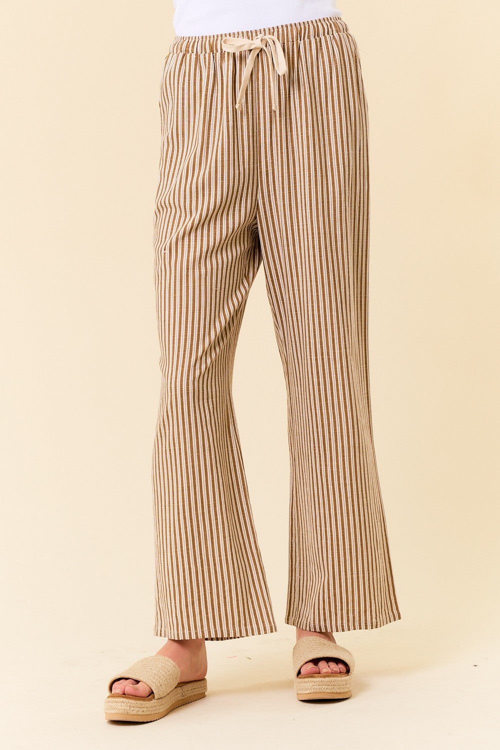 LINEN BLEND STRIPE WIDE LEG PANTS W/ POCKETS