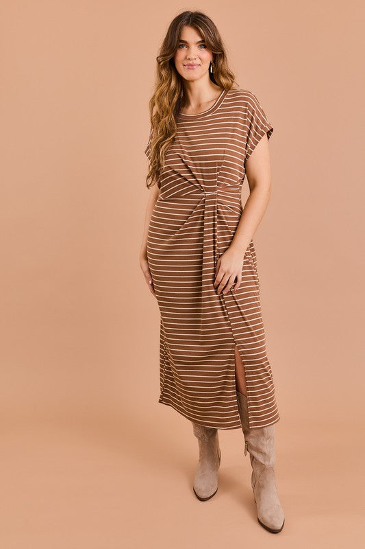 Plus Short Sleeve Waist Pleated Stripe Dress