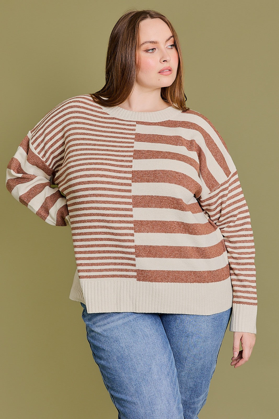 CREW NECK STRIPE MIX SWEATER