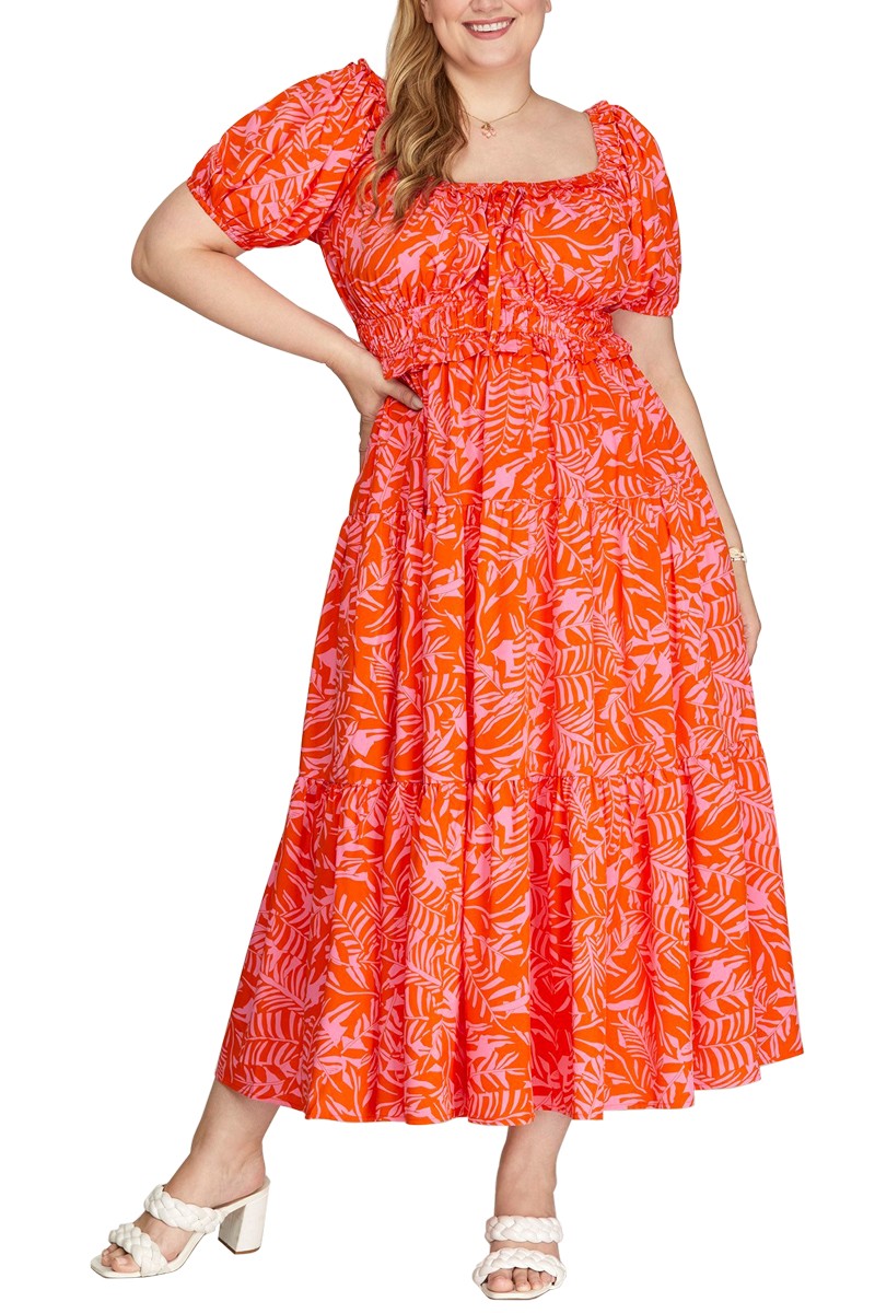 PLUS - PUFF SLEEVE FLORAL TIERED MIDI DR