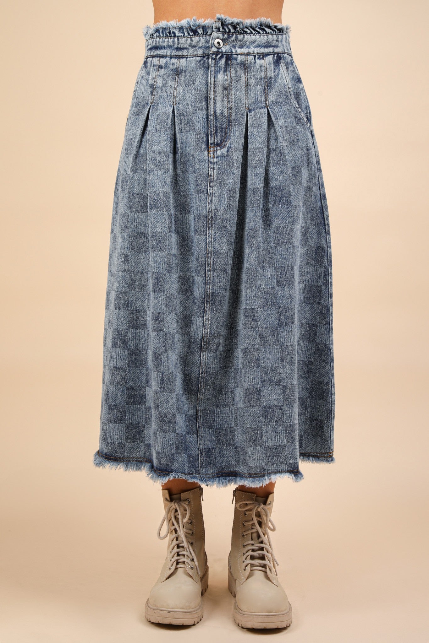 Washed Checkered Denim Midi Skirt