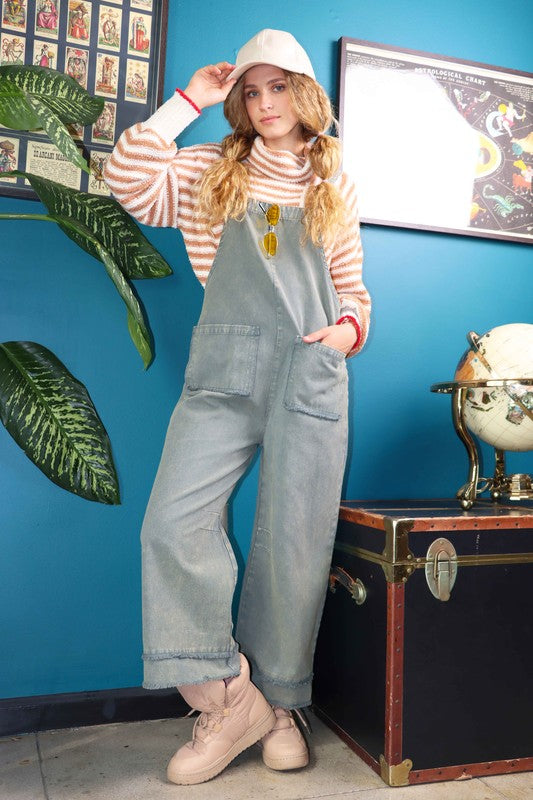 Washed Cotton Twill Solid Overall Jumpsu