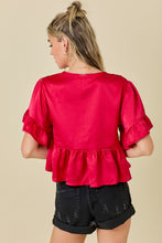 Load image into Gallery viewer, RUFFLE HEM SATIN TOP WITH SHIRRING AND T
