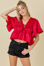 Load image into Gallery viewer, RUFFLE HEM SATIN TOP WITH SHIRRING AND T
