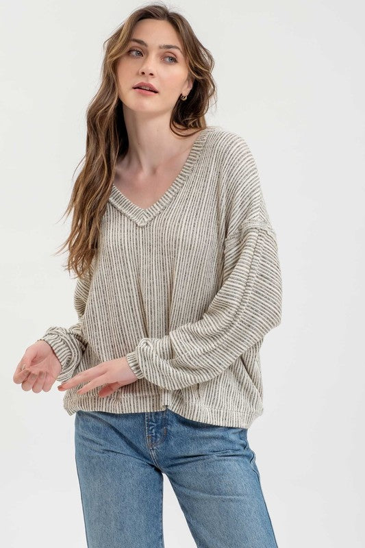 STRIPED DROP SHOULDER V NECK KNIT TOP