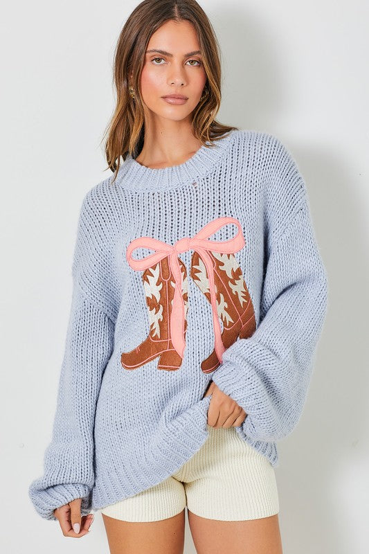 COWBOY BOOTS WITH RIBBON KNIT SWEATER