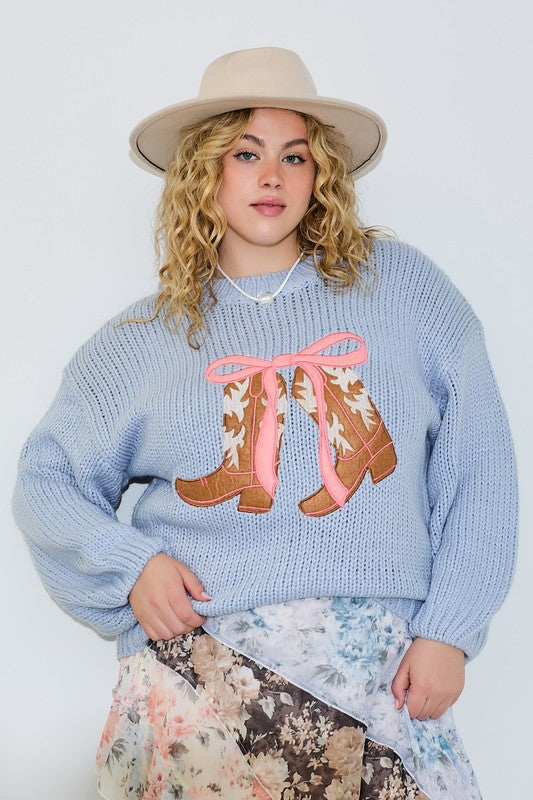 PLUS COWBOY BOOTS WITH RIBBON KNIT SWEATER