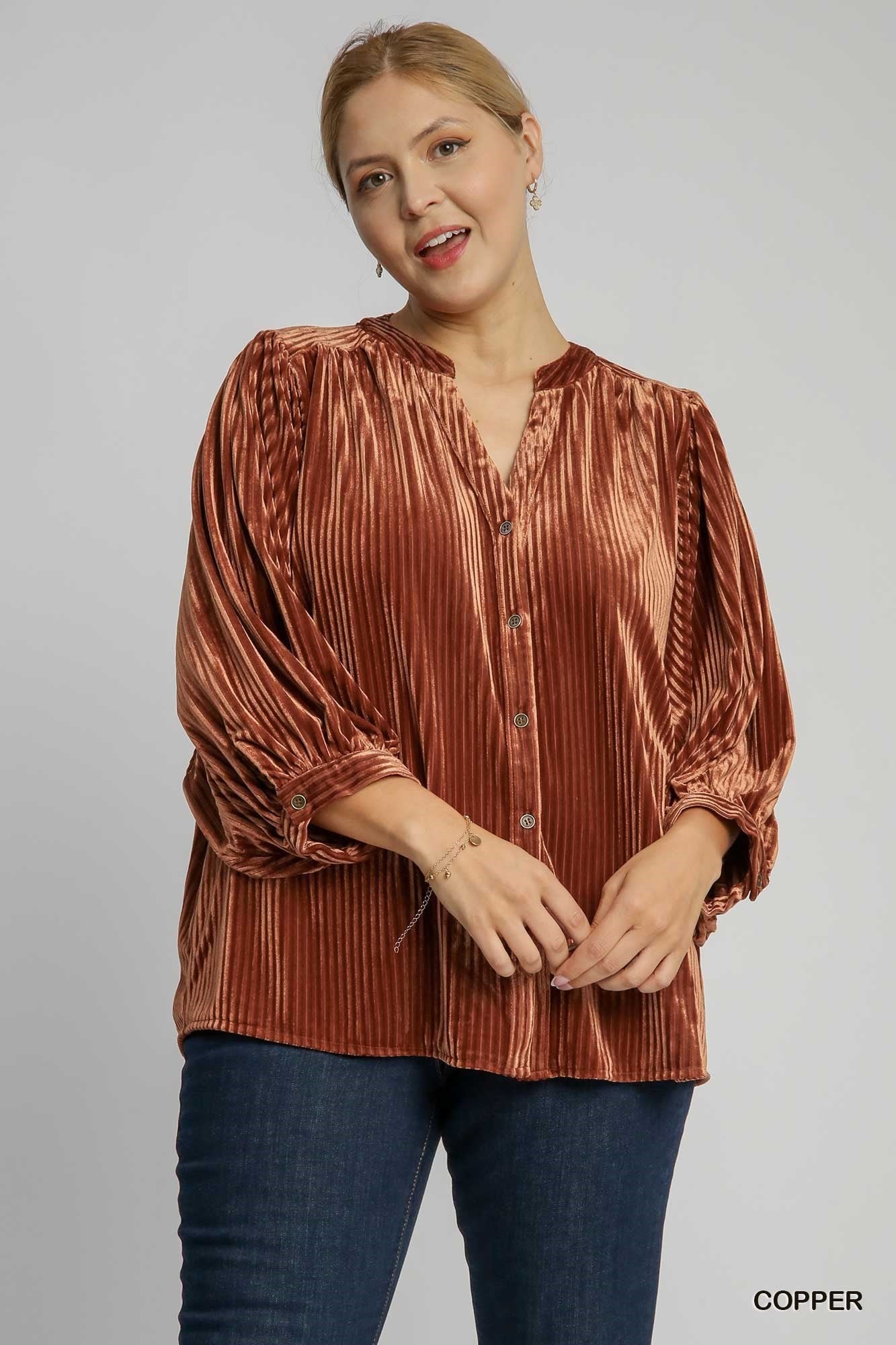 V-Notched Velvet Button Down Top