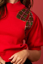 Load image into Gallery viewer, Plaid Sequin Bow Puff Sleeve Sweater
