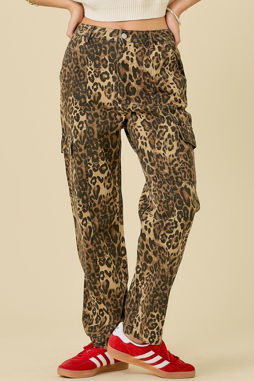 WASHED LEOPARD DENIM STRAIGHT CARGO PANT