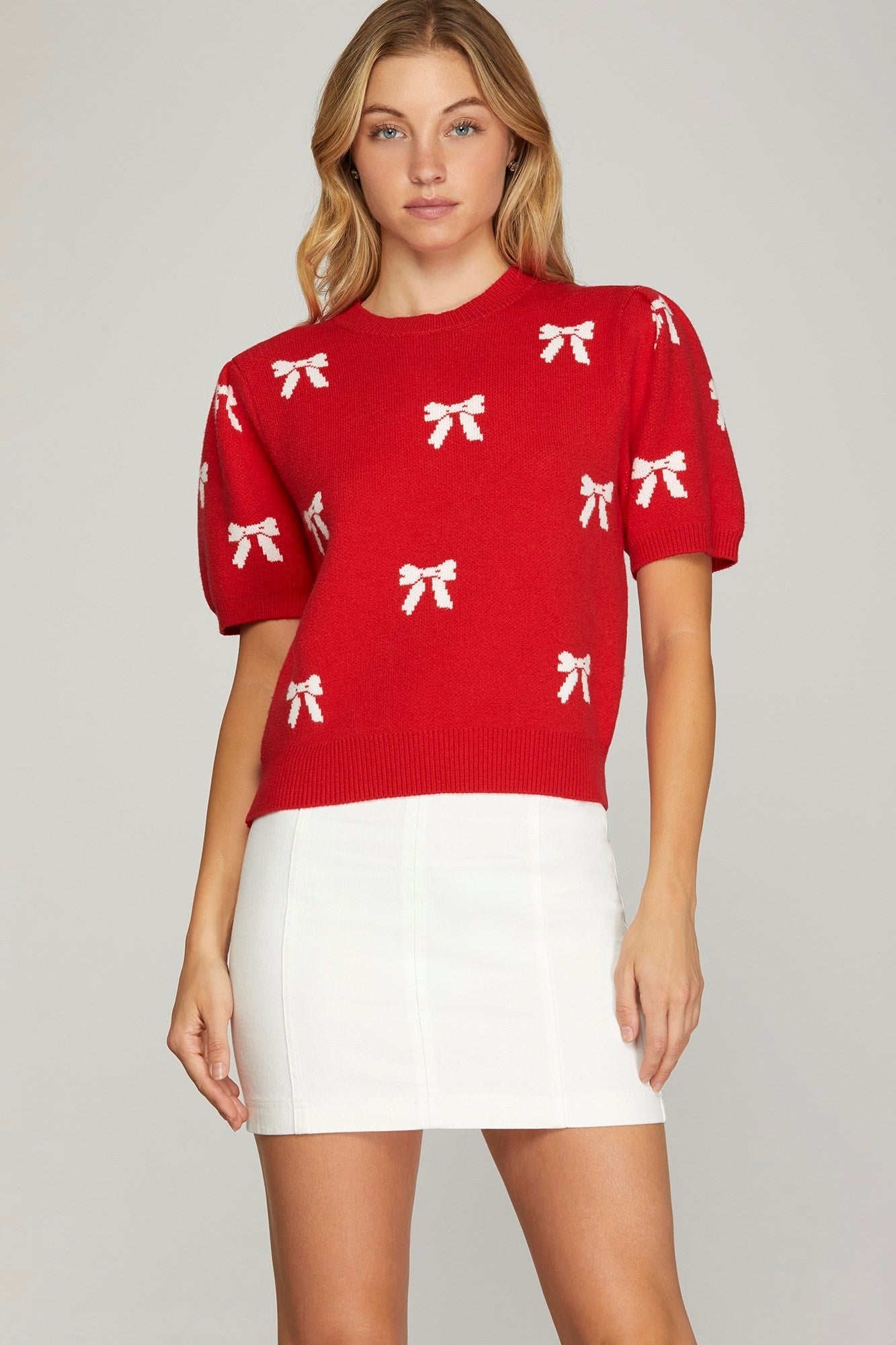 Puff Short Sleeve Bow Pattern Sweater Top