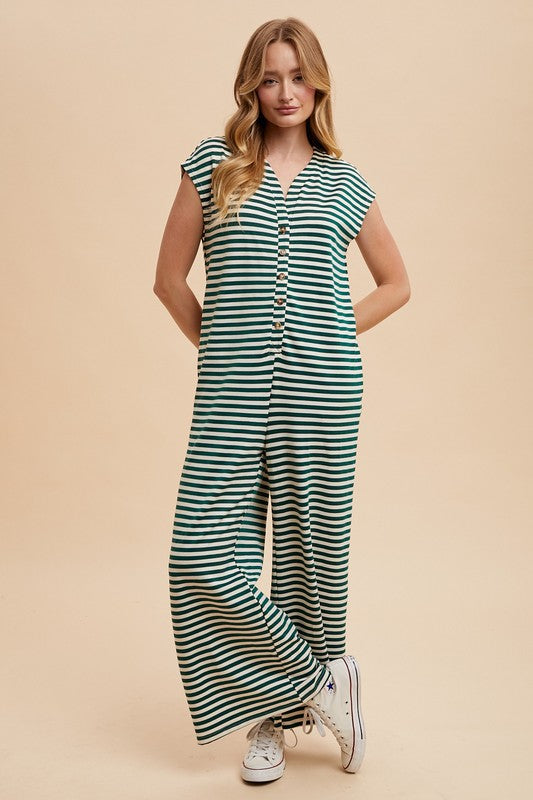 Stripe Wide Leg Button Down Jumpsuit