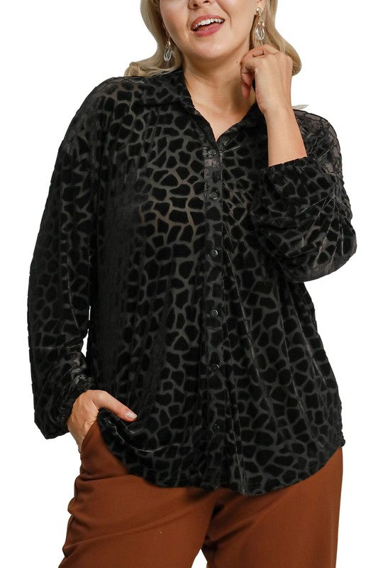Plus Button Down Burn Out Collared Top