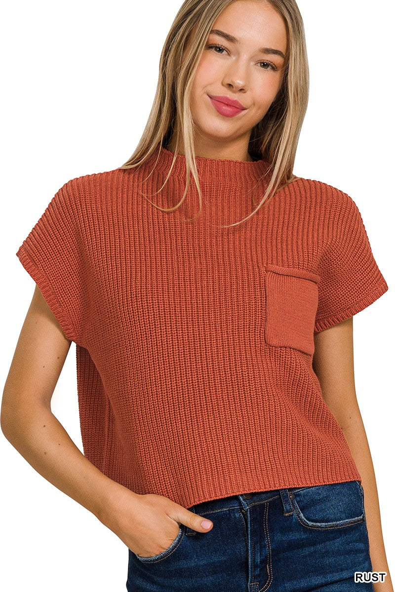 MOCK NECK SHORT SLEEVE CROPPED SWEATER