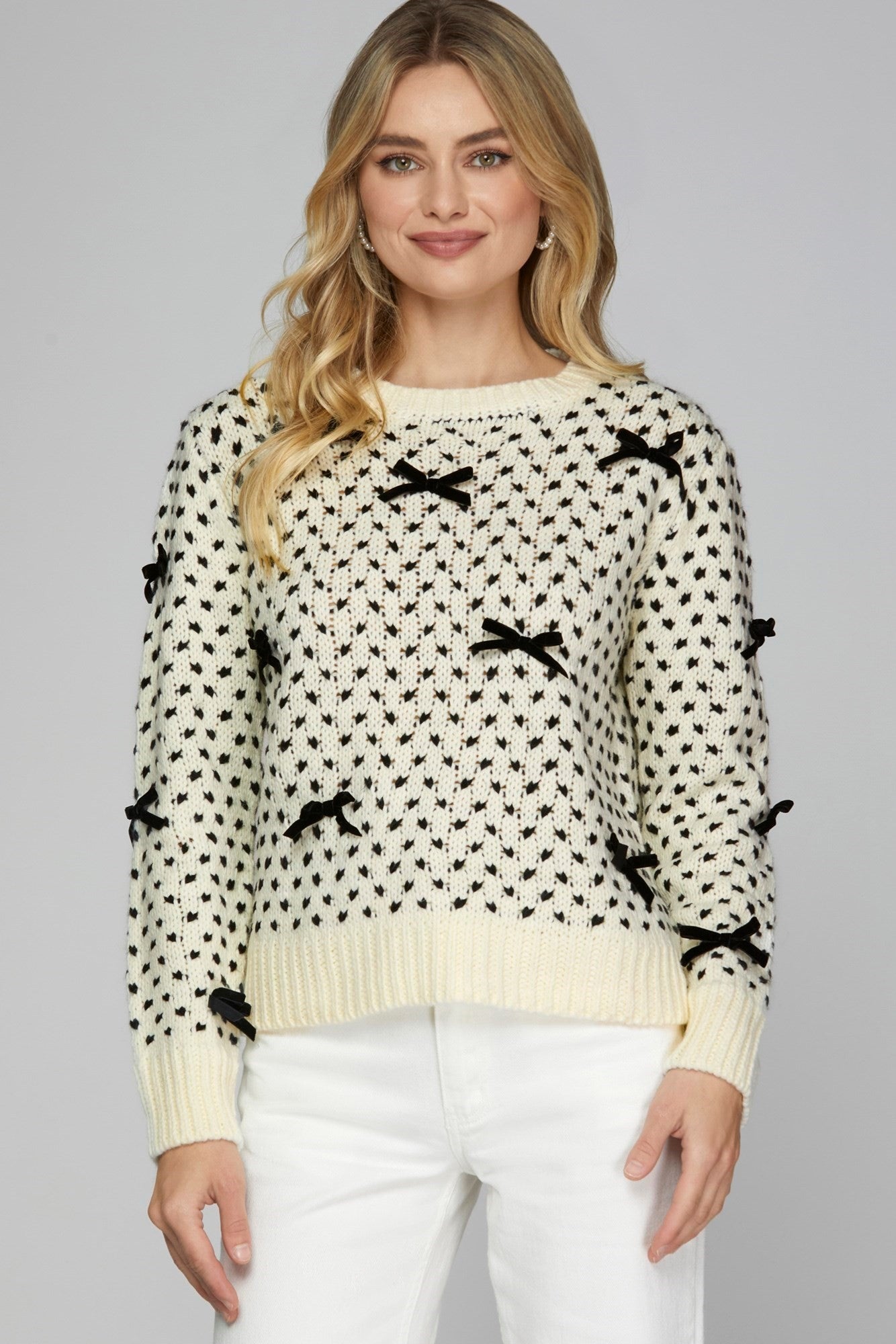 LONG SLEEVE 2 TONE SWEATER WITH BOW DETAIL