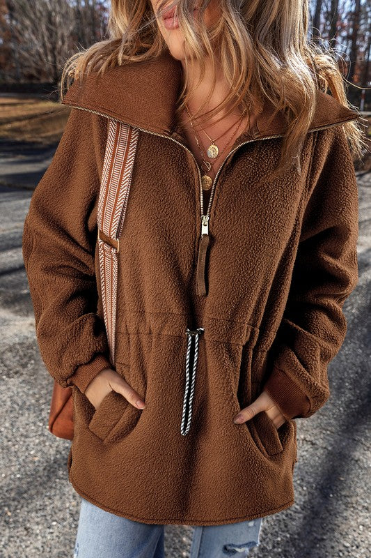 Brown Half Zip Fleece Pullover Sweatshir