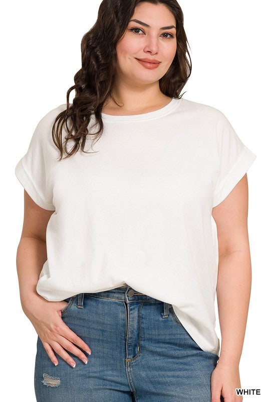 Plus Round Neck Folded Short Sleeve T-sh