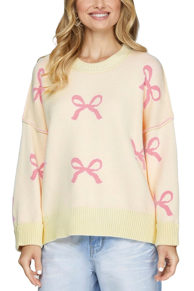 LONG SLEEVE BOW PATTERN SWEATER TOP