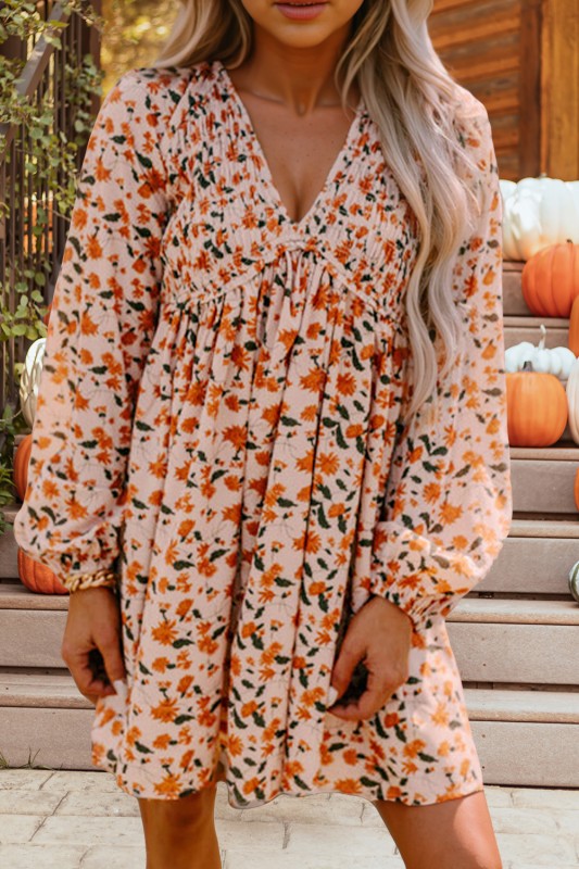Floral Smocked V Neck Bubble Sleeve Baby