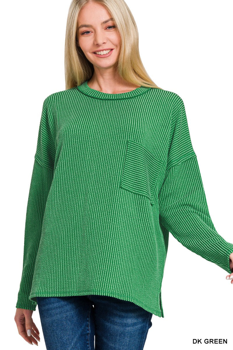 CORDED RIB LONG SLEEVE DROP SHOULDER TOP