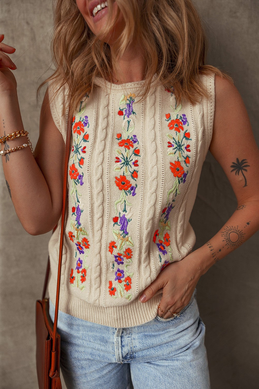 Embroidered Floral Cable Knit Vest Top
