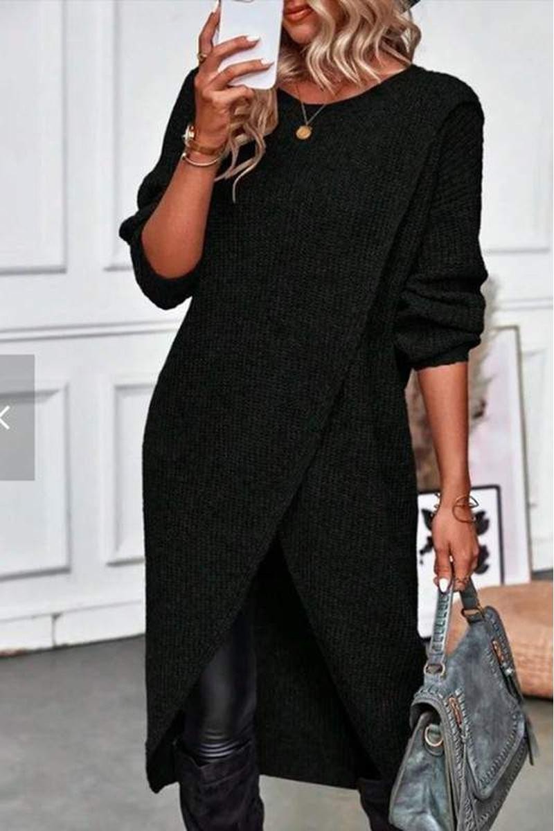 Black Waffle Knit High-Low Tunic Sweater