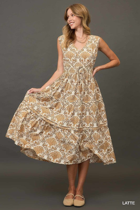 Abstract Print Midi Dress with Pintuck Dress