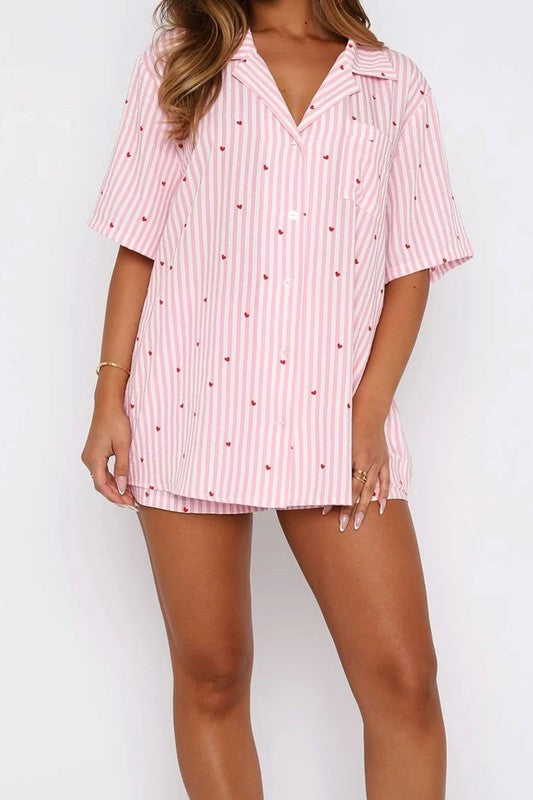 Stripes and Heart Printed Pajama Set