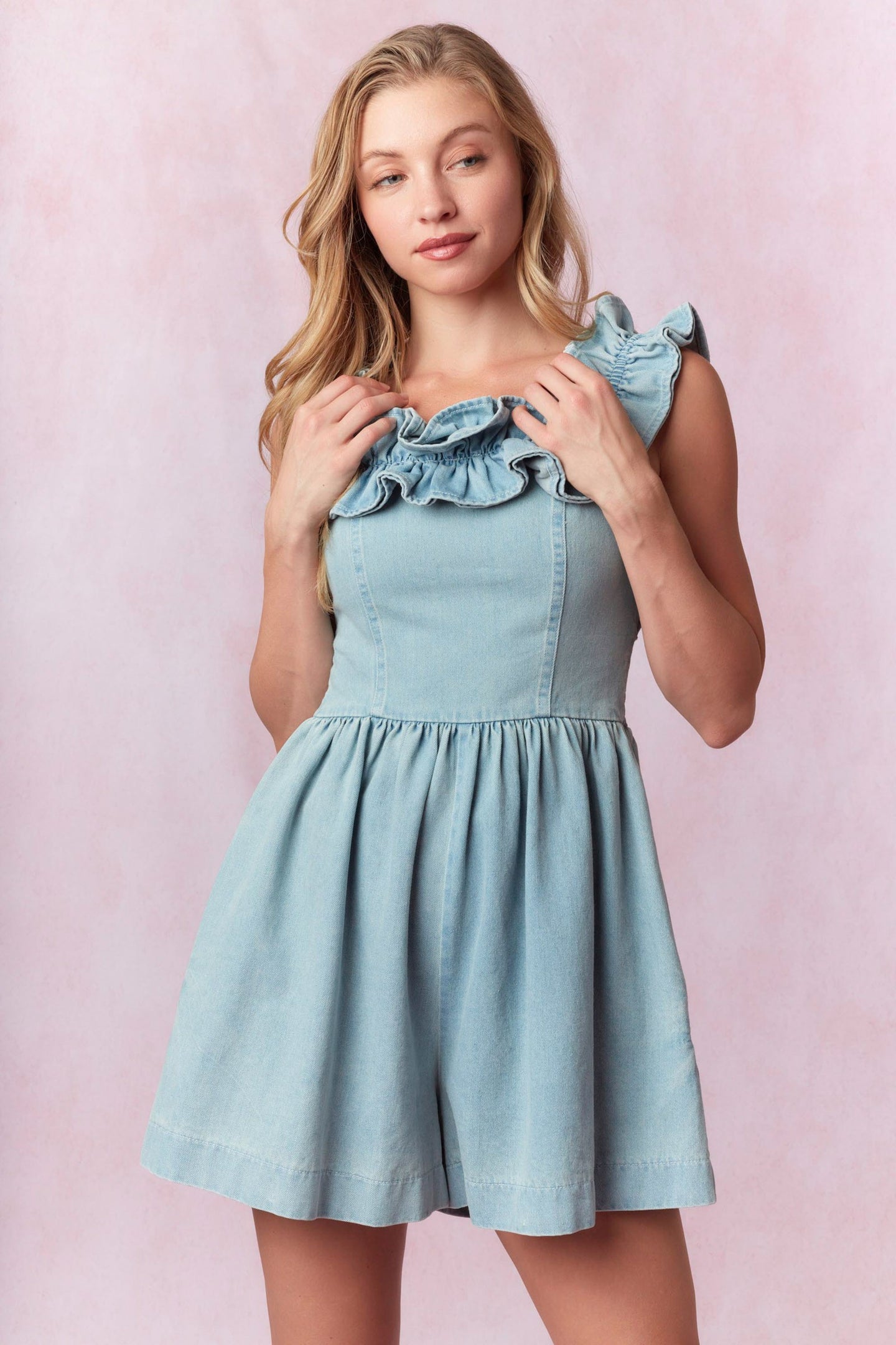 Ruffle Shoulder Denim Romper