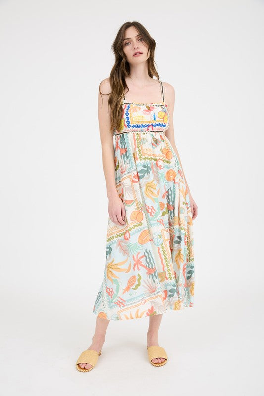 Tropical Print Braid Trim Sleeveless Mid