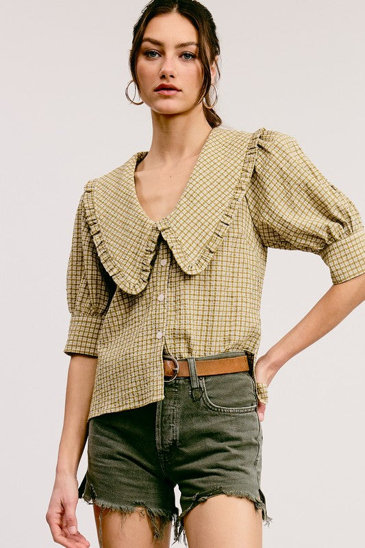 Plaid Pointed Collar Blouse