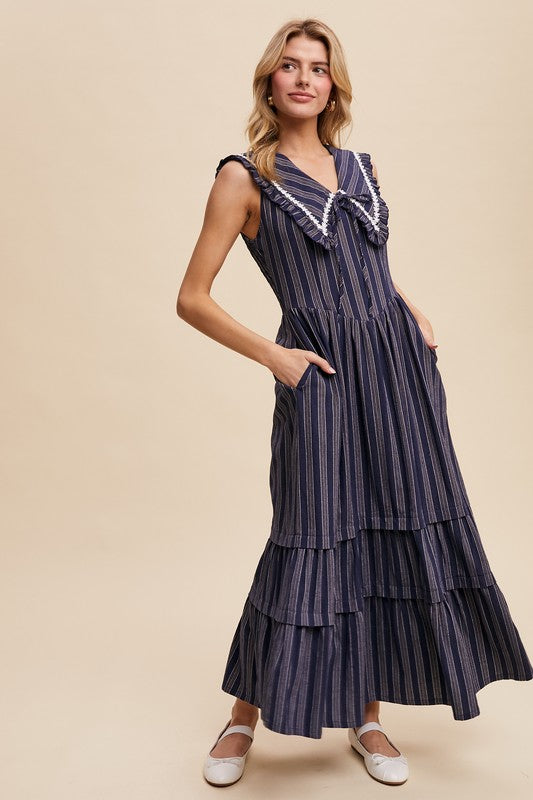 Striped Tiered Maxi Dress With Peter Pan