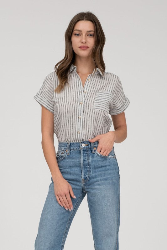Short Sleeve Striped Button Up Shirt