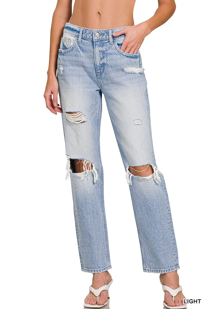 HIGH-RISE DISTRESSED STRAIGHT LEG DENIM