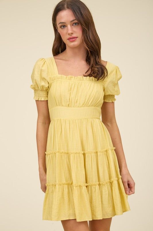 Square Neck Smocked Detail Tiered Mini D