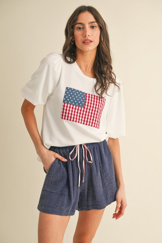 American Flag Patch Balloon Sleeve Knit