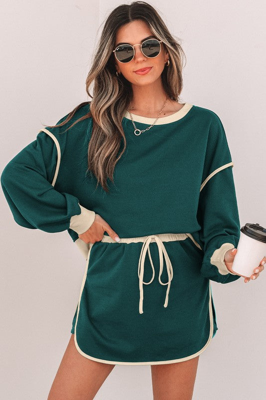 Pullover & Lace-up Waist Skort Set