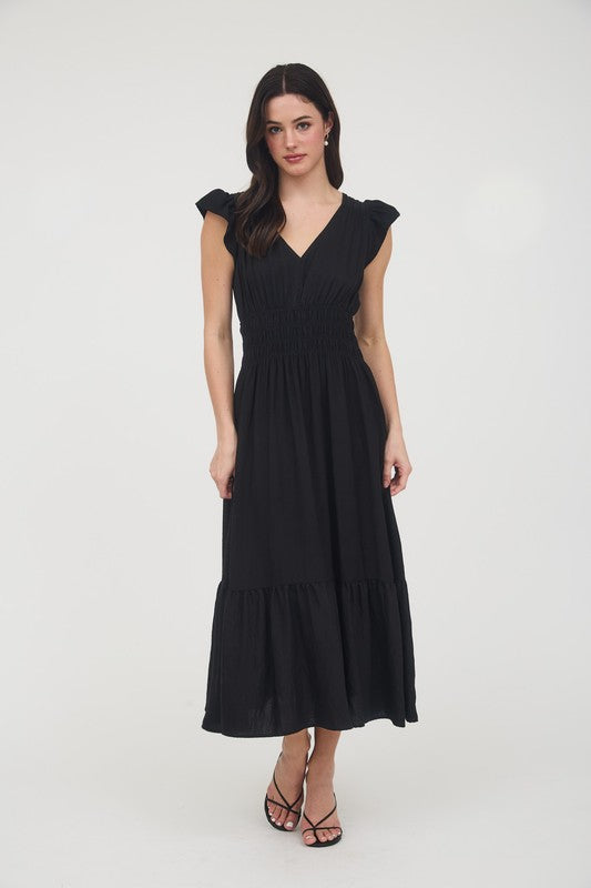 V Neck Ruffle Detail Shirred Waist Midi
