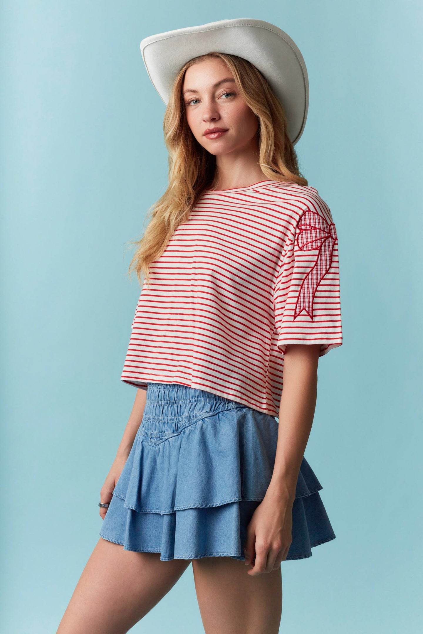 Stripe Crop Top with Bow Emb Tee
