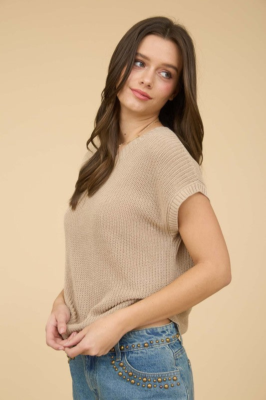 Crew Neck Short Sleeve Crochet Knit Pull