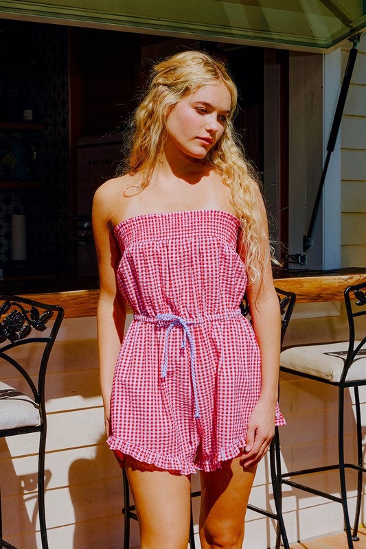 Seersucker Check Print Ruffled Tube Romper
