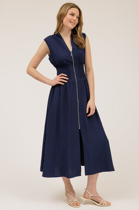 Sleeveless Zip-up Smocked Waist Midi Dre